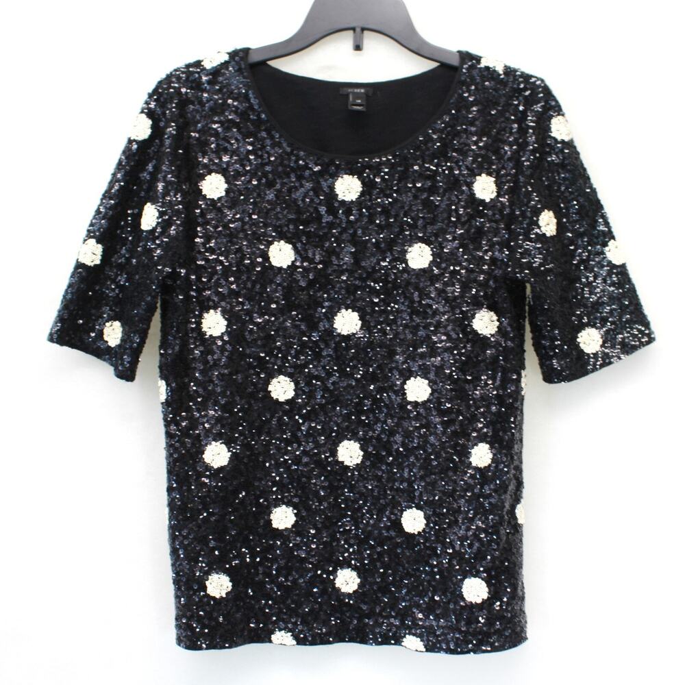 J. Crew dressy polka dots black sequin holiday cocktail party blouse top XS